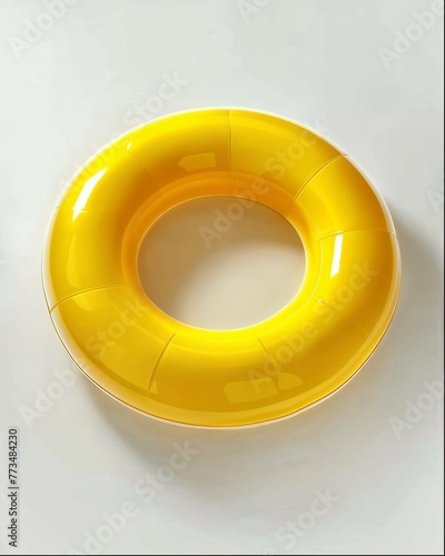A yellow inflatable swimming ring, floating on the ground, white background, front view, simple style, simple details, minimalist style, real photography, studio lighting, soft light, product display  (ID: 773484230)