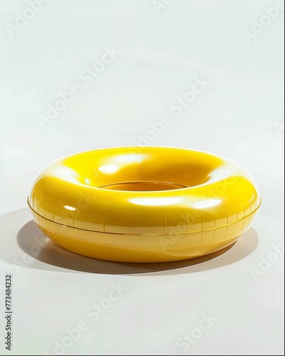 A yellow inflatable swimming ring, floating on the ground, white background, front view, simple style, simple details, minimalist style, real photography, studio lighting, soft light, product display  (ID: 773484232)