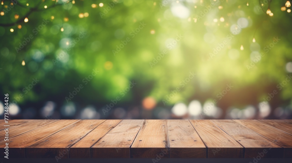 Dark background with festive lights in front of a table. mockup, background or texture. space for text Dark background with festive lights in front of a table. mockup, background or texture. space for text