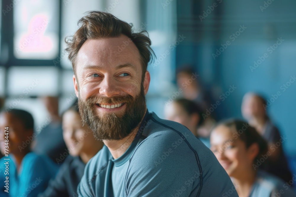 A man with a beard smiles in front of a group of people. Ideal for business or team concept A man with a beard smiles in front of a group of people. Ideal for business or team concept