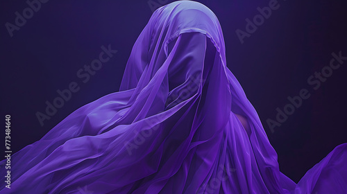 a person enveloped in flowing purple fabric against a dark background.
