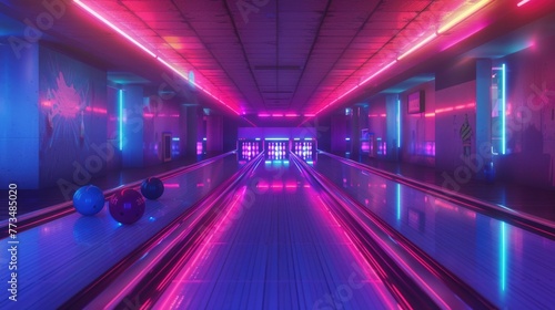 A vibrant bowling alley with neon lights  perfect for sports and entertainment concepts