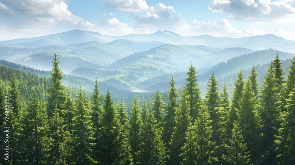 Scenic view of a mountain range with pine trees, ideal for nature-themed designs