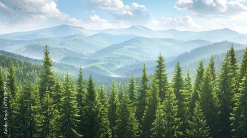 Scenic view of a mountain range with pine trees, ideal for nature-themed designs