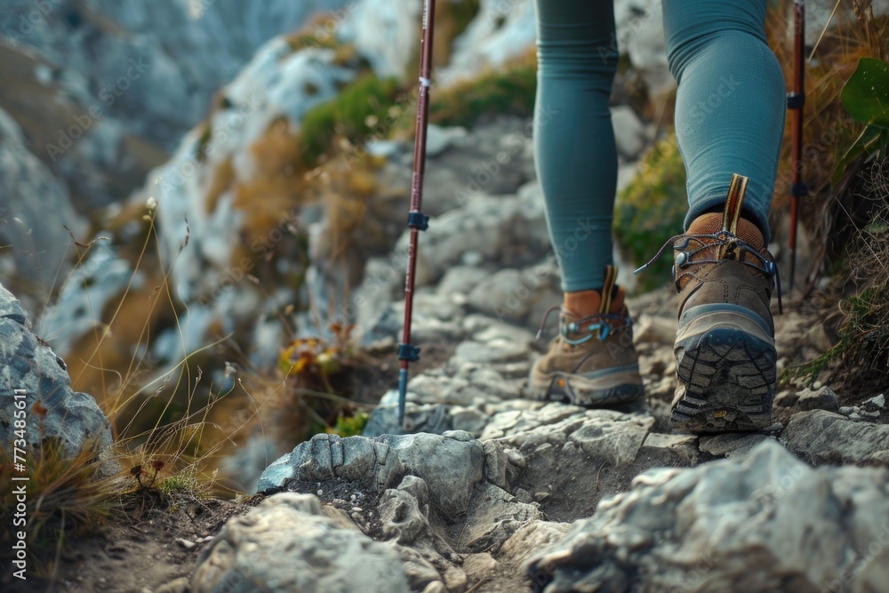A person walking up a rocky path with ski poles. Suitable for outdoor activity concepts A person walking up a rocky path with ski poles. Suitable for outdoor activity concepts