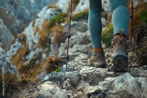 A person walking up a rocky path with ski poles. Suitable for outdoor activity concepts