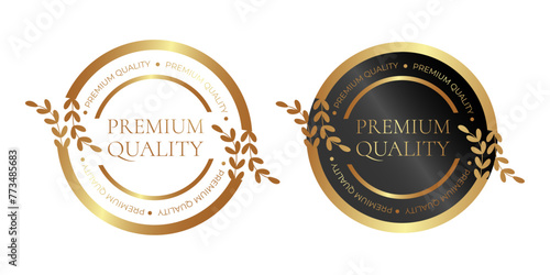 Premium quality. Sticker, label, badge, icon and logo. Vector illustration in golden and black colors