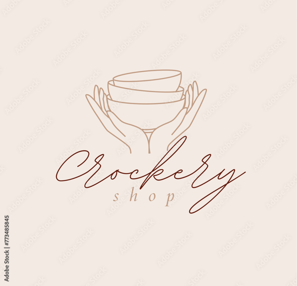 Hands holding bowls with lettering crockery shop drawing in linear style on beige background