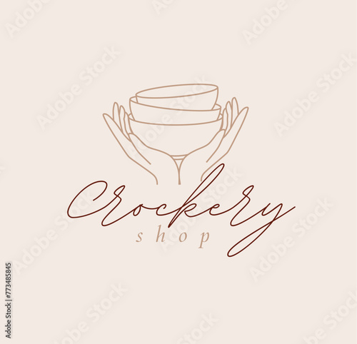 Obraz na płótnie Hands holding bowls with lettering crockery shop drawing in linear style on beige background w salonie