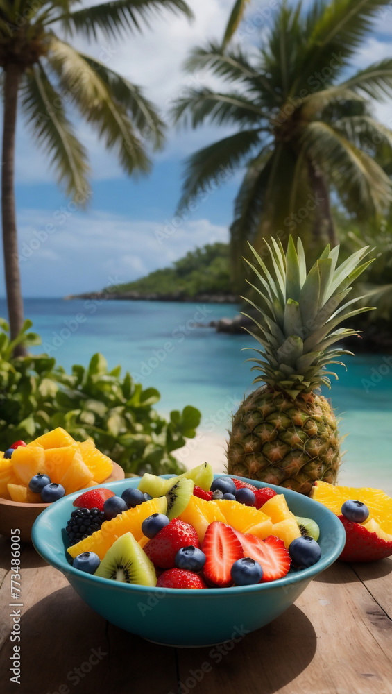 large bowl with juicy colorful tropical summer fruits