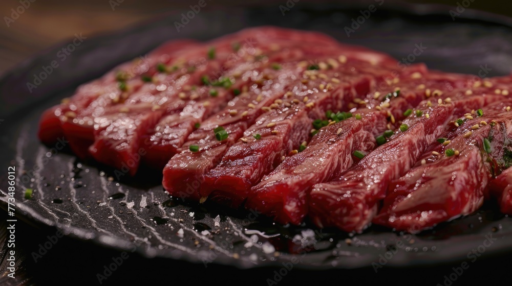 A close up view of meat on a plate, suitable for food and restaurant concepts