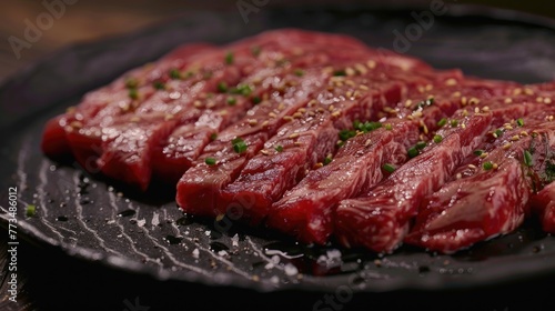 A close up view of meat on a plate, suitable for food and restaurant concepts