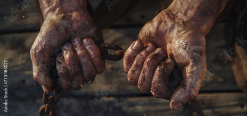 Close up shot of two hands holding a chain. Suitable for concepts of unity and connection