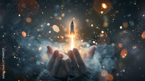 a moment of wonder and magic. In it, we see two open hands cradling a small, illuminated rocket as it takes off.