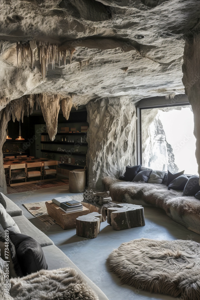 a unique, cozy living space within a cave-like setting, blending natural stone walls with modern furniture a unique, cozy living space within a cave-like setting, blending natural stone walls with modern furniture