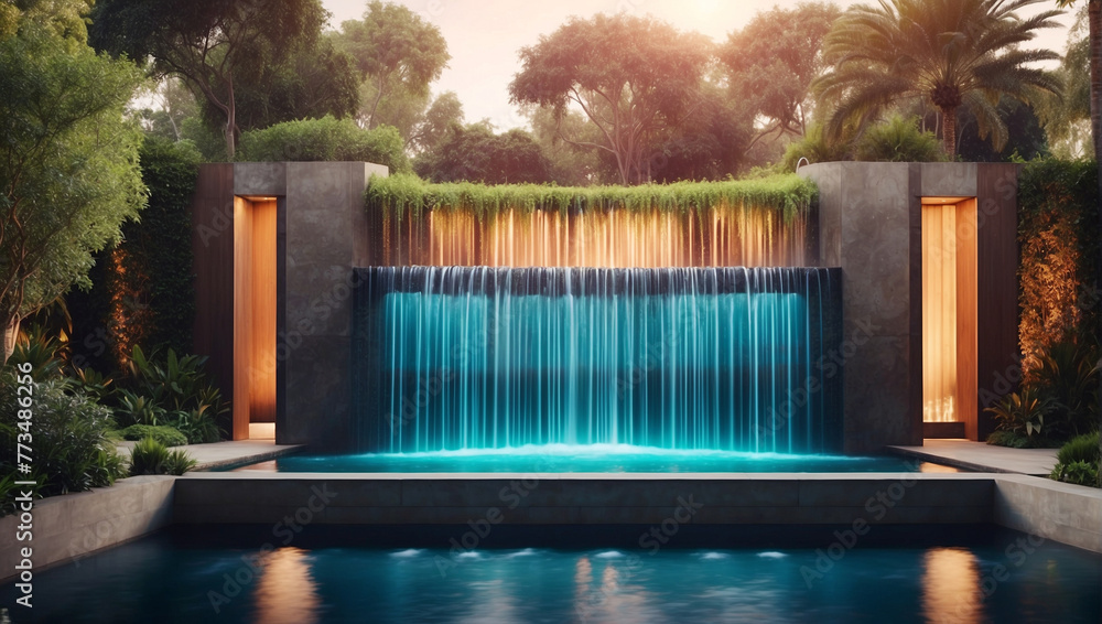 outdoor home modern water feature fountain waterfall - obrazy, fototapety, plakaty 