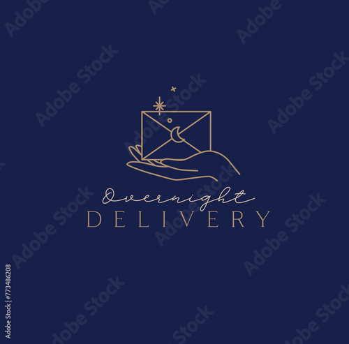 Obraz na płótnie Hand holding envelope with lettering overnight delivery drawing in linear style on blue background w salonie