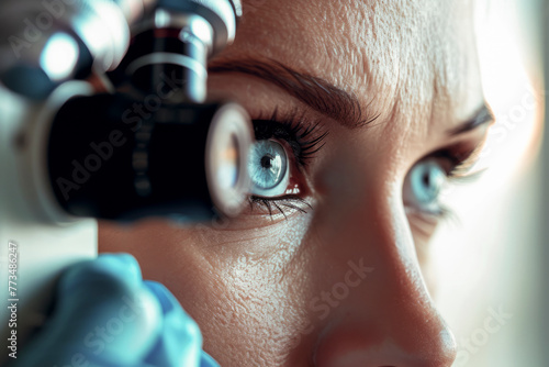 A woman is looking into a microscope with her eyes open. Concept of curiosity and scientific exploration