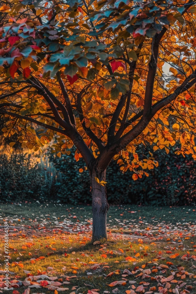 A beautiful painting of a tree with leaves on the ground. Perfect for nature-themed designs