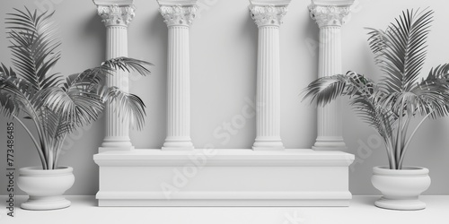 A row of three white pillars with palm trees. Perfect for architectural or tropical themed designs