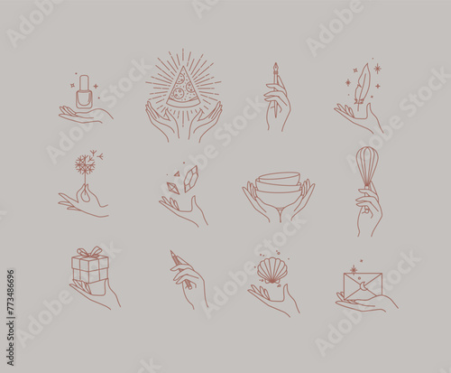 Hands with elements nail polish, pizza, pen, ink, feather, dandelion, crystal, bowl, dishes, whisk, box, pencil, seashell, envelope drawing in linear style on beige background