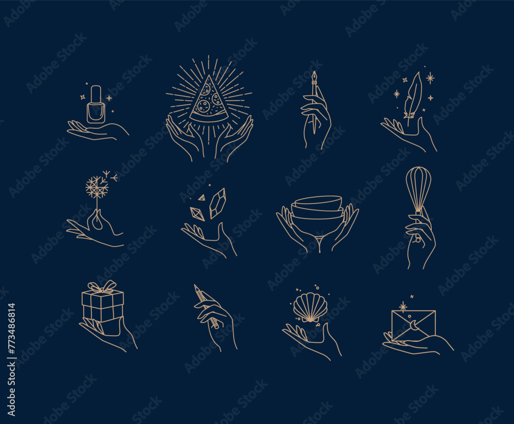 Hands with elements nail polish, pizza, pen, ink, feather, dandelion, crystal, bowl, dishes, whisk, box, pencil, seashell, envelope drawing in linear style on blue background