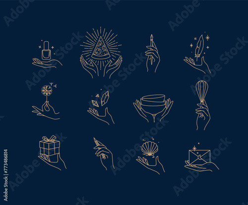 Obraz na płótnie Hands with elements nail polish, pizza, pen, ink, feather, dandelion, crystal, bowl, dishes, whisk, box, pencil, seashell, envelope drawing in linear style on blue background w salonie