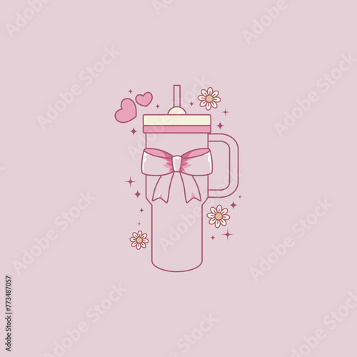 cute coquette style illustration of drinking fountain in pink color and with a bow