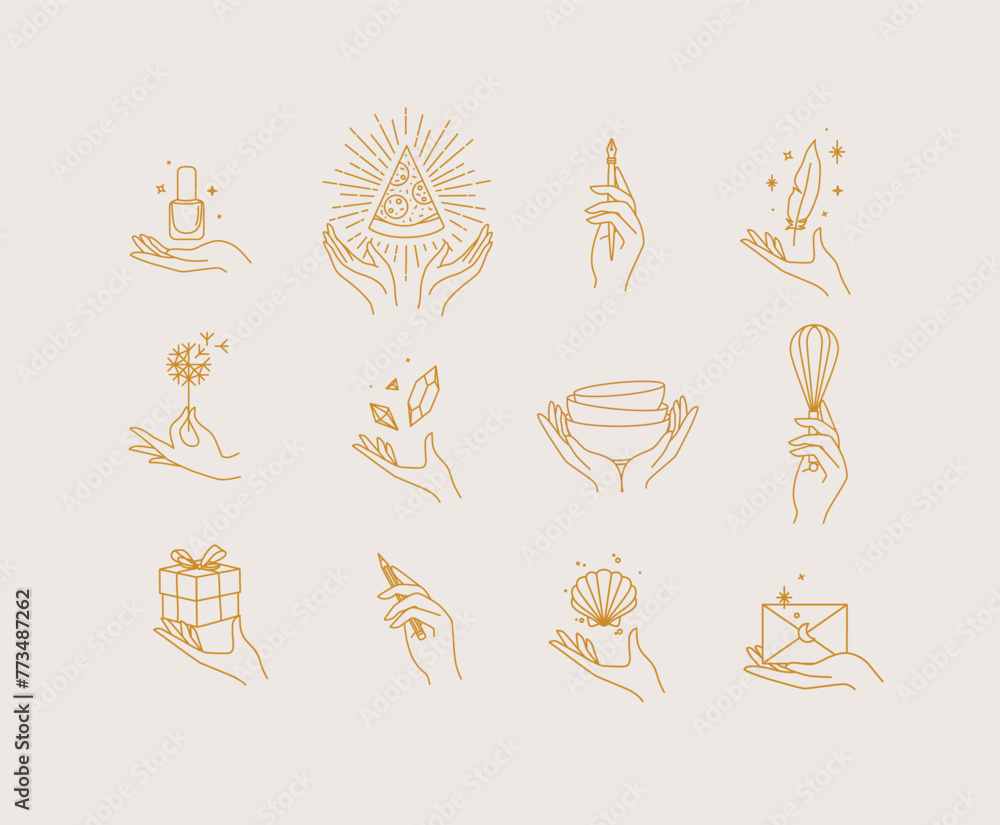 Hands with elements nail polish, pizza, pen, ink, feather, dandelion, crystal, bowl, dishes, whisk, box, pencil, seashell, envelope drawing in linear style on light background