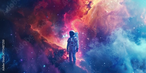 Astronaut in space suit with vibrant galaxy background. Ideal for science fiction concepts © Fotograf