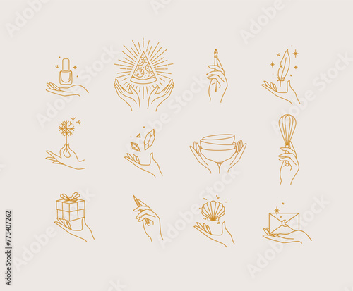 Obraz na płótnie Hands with elements nail polish, pizza, pen, ink, feather, dandelion, crystal, bowl, dishes, whisk, box, pencil, seashell, envelope drawing in linear style on light background w salonie