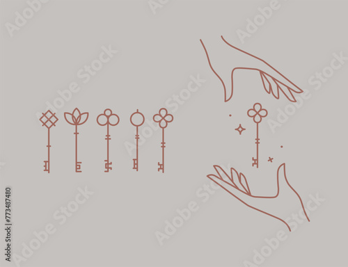 Key collection composition with hands drawing in linear style on beige background