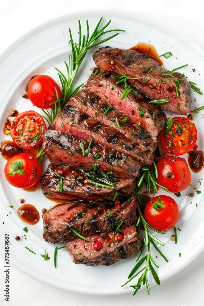 A white plate topped with steak and tomatoes. Perfect for food blogs and restaurant menus