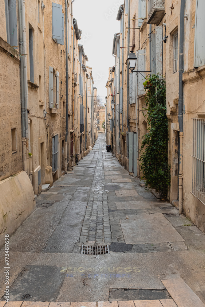 Obraz premium Cobble stone street with some great details in urban scene in Montpellier, France