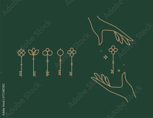 Key collection composition with hands drawing in linear style on green background