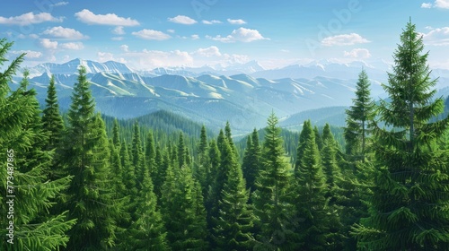 Scenic view of mountain range with pine trees in foreground. Ideal for nature and travel concepts