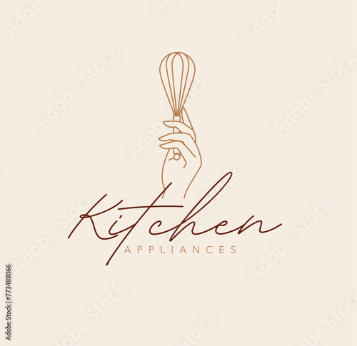 Hand holding whisk with lettering kitchen appliances drawing in linear style on beige background