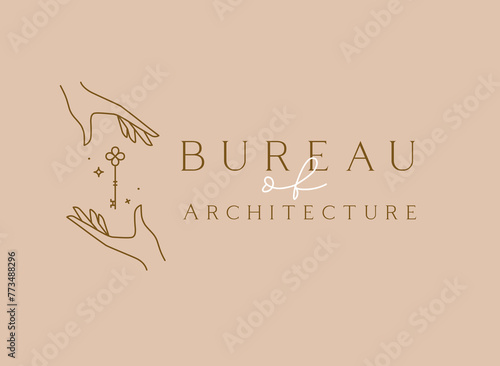 Obraz na płótnie Hand with key and lettering bureau of architecture drawing in linear style on beige background w salonie