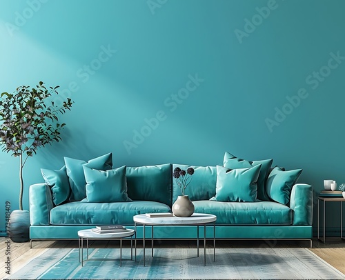 modern interior design of a living room with a sofa and side tables, with a turquoise wall background, 3d rendering mock up in the style of an interior designer © Sikandar Hayat