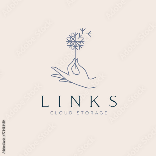 Hand holding dandelion and lettering links cloud storage drawing in linear style on beige background