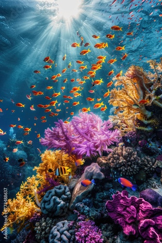 Group of fish swimming around vibrant coral reef. Suitable for marine life or underwater themed designs