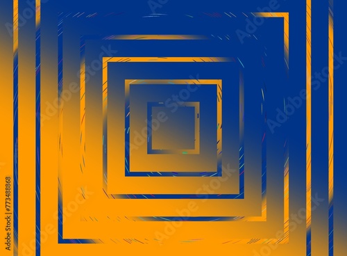 Kwadratowe cienkie ramki na rozmytym gradientowym tle w żółto - niebieskiej kolorystyce. Zmniejszający się rozmiar. Geometryczne abstrakcyjne tło, tekstura © ellaa44