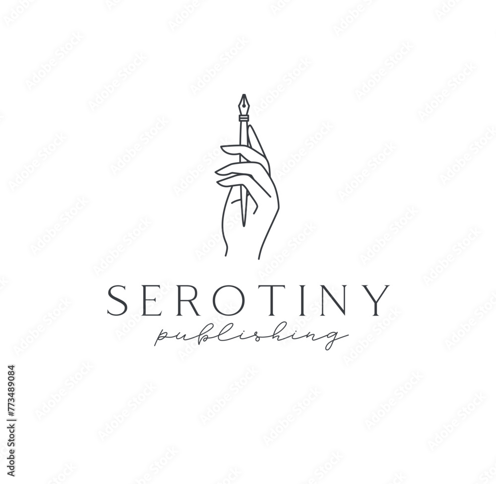 Hand holding ink pen with lettering serotiny publishing drawing in linear style on light background