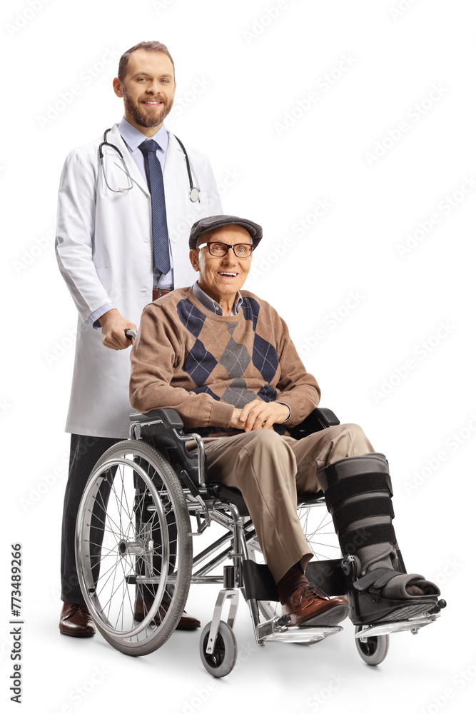 Patient with a leg brace sitting in a wheelchair with doctor behind Patient with a leg brace sitting in a wheelchair with doctor behind