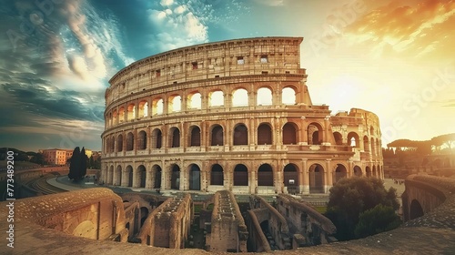 The Roman Coliseum at sunset, empty and in summer, in Italy.