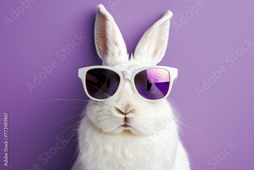 Cute funny bunny wearing sunglasses on color background. Space for text 
