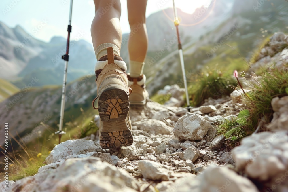Close up of a person walking on a rocky trail. Suitable for outdoor and adventure themes - obrazy, fototapety, plakaty 