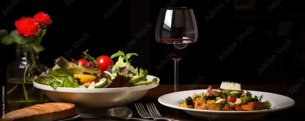 Plates of food and delicious meat steak in a dark restaurant with a glass of wine