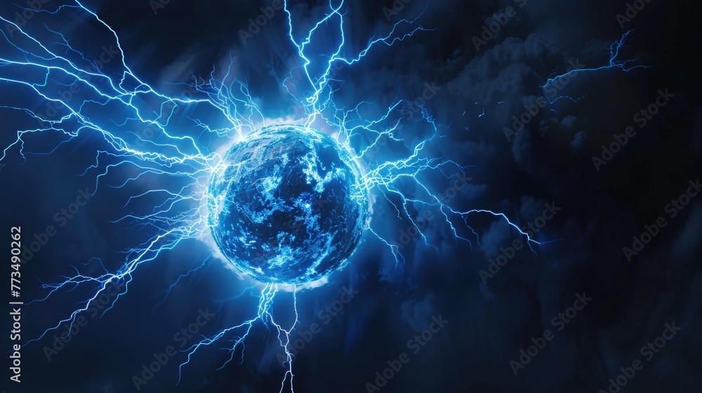 A dramatic image of a ball of blue lightning in a dark sky. Ideal for illustrating extreme weather conditions A dramatic image of a ball of blue lightning in a dark sky. Ideal for illustrating extreme weather conditions
