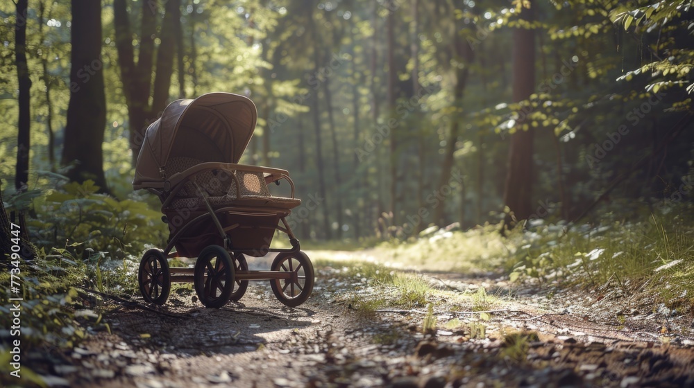 A stroller left in the midst of a woodland. Suitable for outdoor themes